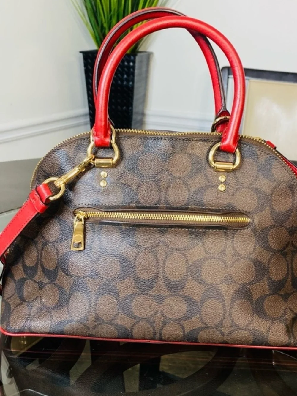 Coach Brown Signature Dome Satchel with Red Trim